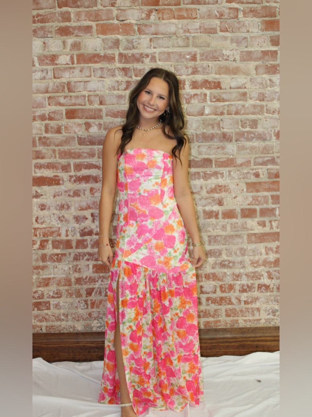 Rosa Red Vibrant Boho Floral Strapless Ruffle Tiered Dress